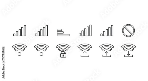 Collection of wireless signal strength and connectivity icons for digital interfaces vector