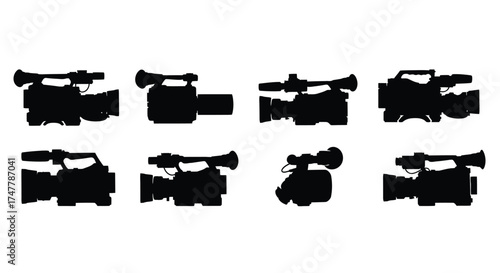Collection of silhouetted video cameras in dynamic poses for media production and filmmaking content vector