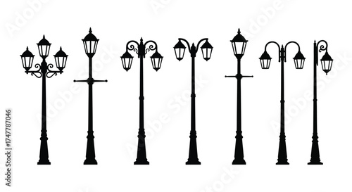 Collection of ornate street lamp silhouettes in various classic designs vector