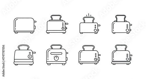 Set of eight line art toaster icons showcasing different styles for kitchen appliance design vector