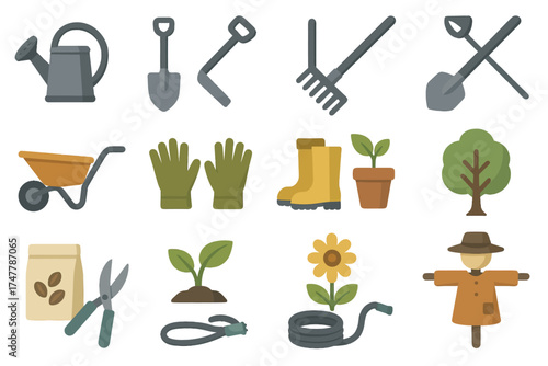Garden tools and plants: watering can, shovel, rake, tree, gloves, boots, hose
