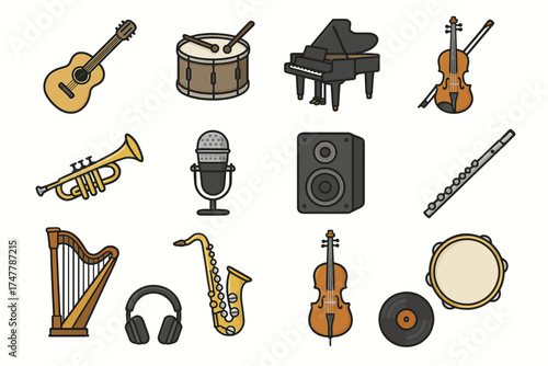 Collection of various musical instruments including guitar, drum, piano, violin, and trumpet