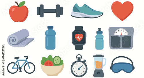 Healthy lifestyle icons: fitness gear, food, exercise equipment, and wellness symbols