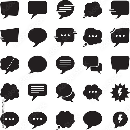 Monochrome Solid Black Silhouette Icons Set of Speech, Thought, and Communication Bubbles
