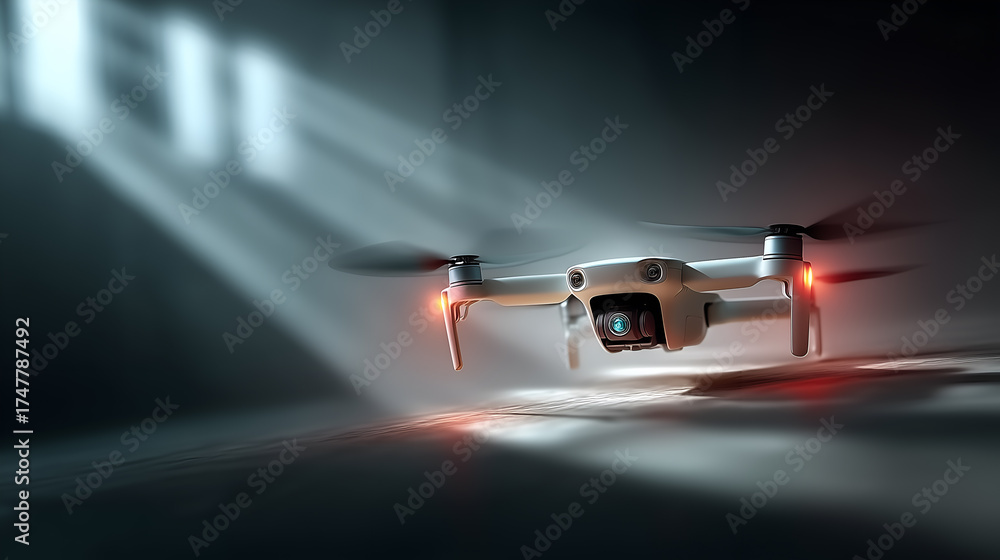 Naklejka premium Sleek quadcopter with red-lit rotors hovers in a dim indoor space. Beams of light highlight its camera and contours, emphasizing advanced design and tech.