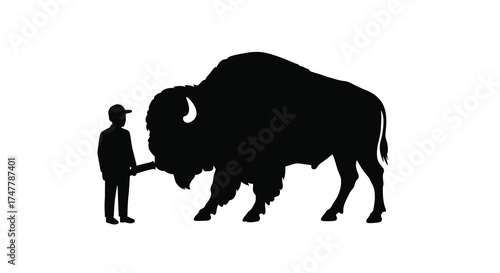 Giant bison silhouette stands beside tiny human figure symbolizing immense wildlife scale and natural power silhouette