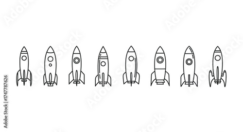 Set of seven unique hand-drawn rocket ships celebrating space exploration and futuristic travel adventures vector
