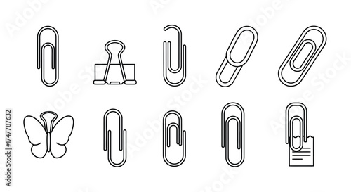 Collection of hand drawn paper clips and binder clips office stationery supplies collection vector