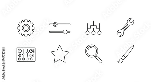 Hand drawn icons representing settings tools code star search and pen for digital projects vector