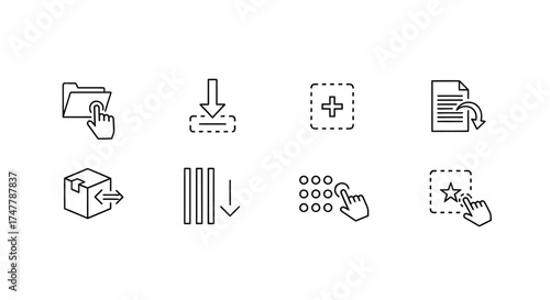 Set of 8 modern outline icons for file management download upload and data operations vector