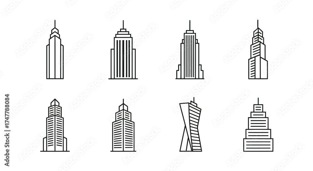 Fototapeta premium Collection of diverse skyscraper icons representing modern architecture and city skylines vector