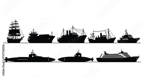 Diverse silhouettes of nautical vessels including ships and submarines for maritime themes vector