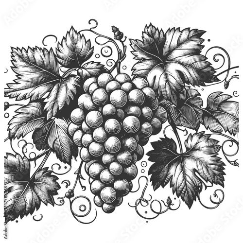 bunch of grapes with leaves and vine, symbolizing wine, harvest, fruit, and traditional botanical art sketch engraving generative ai vector illustration. Scratch board imitation. Black and white image