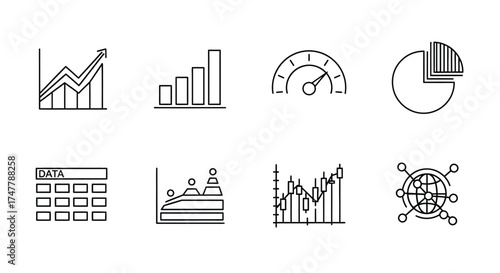 Hand drawn business data analytics icons set for growth and performance tracking vector