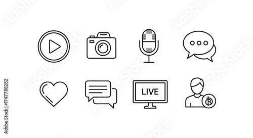 Hand drawn social media icons play camera microphone chat heart message live stream user profile vector