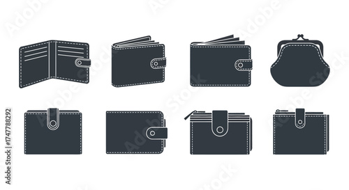 Collection of black wallets and purses diverse styles and types for essential accessories vector