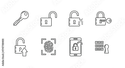 Set of hand-drawn security and access icons featuring locks keys and biometrics vector