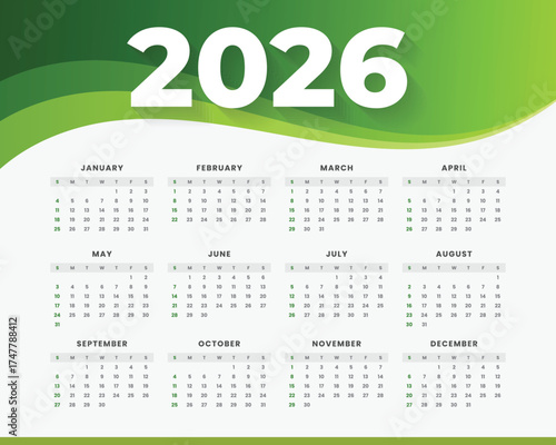 Modern and minimal 2026 calendar template with colorful wave design. Perfect for business, corporate, or personal use. Fully editable and printable layout