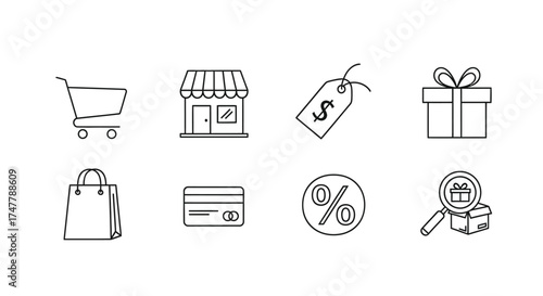 Clean line art shopping icons set for e-commerce and retail business vector