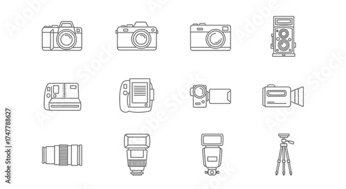Collection of hand drawn camera icons representing photography equipment and devices vector