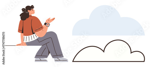 Woman sitting calmly, gesturing with hand next to stylized cloud shapes. Ideal for contemplation, creativity, inspiration, mindfulness, relaxation, self-discovery and connection. Simple flat