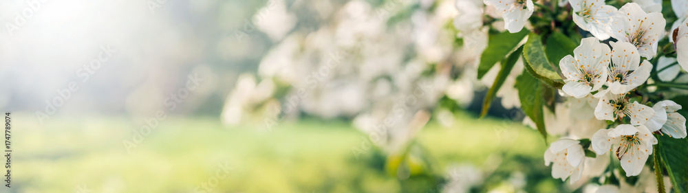 Fototapeta premium Blossoming cherry tree branch against a soft, blurred green background.