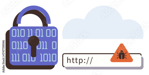 Lock with binary code, cloud, and browser bar warning featuring a malware bug. Ideal for data safety, internet security, malware protection, online privacy, encryption, hacking prevention simple