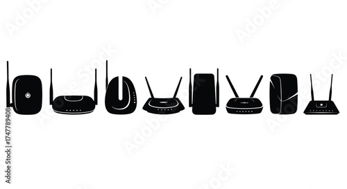 Collection of wireless routers and modems silhouettes for network technology and internet connectivity vector