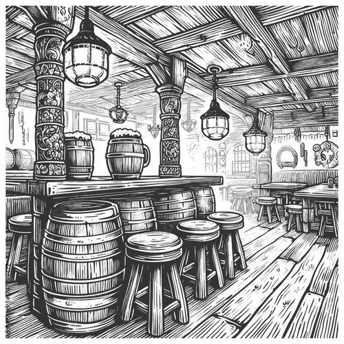 old tavern interior featuring wooden barrels, bottles, rustic tables, lanterns, and decorative windows sketch engraving generative ai vector illustration. Scratch board imitation. Black and white.