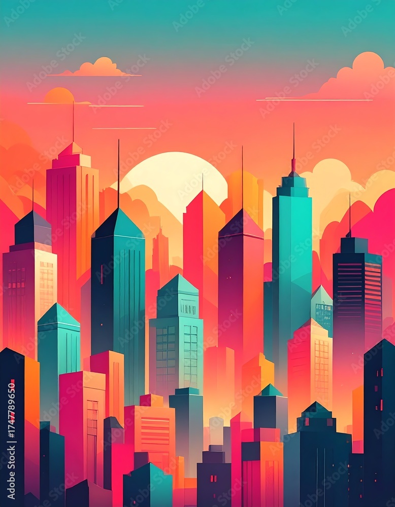Fototapeta premium Vibrant city skyline at sunset with colorful hues.