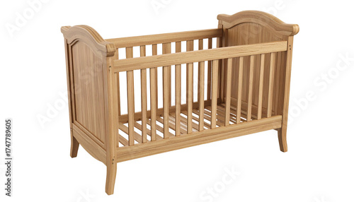 Simple, wooden crib on black backdrop