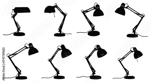 Adjustable articulated desk lamp silhouette with multiple poses and angles vector