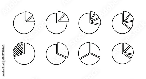 Hand drawn pie chart icons representing data analysis and statistics vector