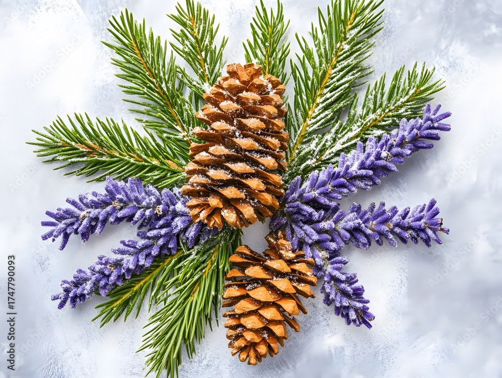 Fototapeta premium Snowy Pine Cones Lavender Winter Holiday Decoration