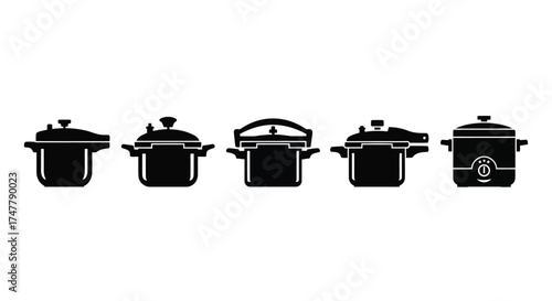Row of five black silhouette pressure cookers ready for culinary tasks vector