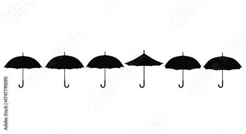 Collection of silhouetted umbrellas showing various designs and styles for protection against elements vector