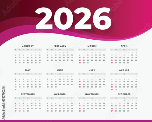 Modern and minimal 2026 calendar template with colorful wave design. Perfect for business, corporate, or personal use. Fully editable and printable layout