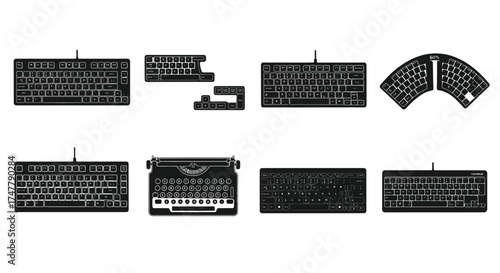 Collection of various keyboard designs from vintage to modern computing devices vector