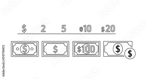 Money currency bills with dollar signs and numerical values isolated for financial concept vector
