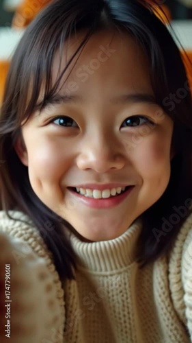 Wallpaper Mural Smiling young Asian girl with dark hair wearing a cozy sweater. She is sitting indoors, reaching out with her hands, and exuding happiness. Torontodigital.ca