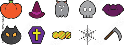 Cute Halloween flat icon set including a pumpkin, witch hat, ghost, skull, bat, black cat, coffin, candy, spiderweb, and scythe. Colorful vector graphic elements for party invitations