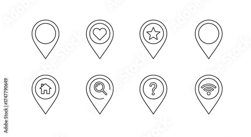 Set of outline map pointer icons featuring location symbols for navigation and search elements vector