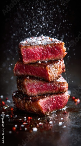 Stack of Juicy Grilled Steak with Sea Salt in Dark Background