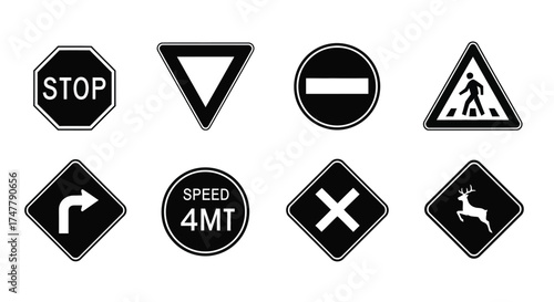 Collection of european traffic signs and symbols including stop yield no entry pedestrian crossing and more vector