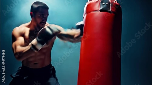 Wallpaper Mural A muscular Caucasian man punches a red punching bag in a dimly lit gym. Smoke surrounds him, creating a dramatic atmosphere for boxing training. Torontodigital.ca