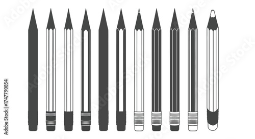 Collection of graphite pencils lined up studio shot showing variety of designs and styles vector