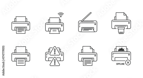 Set of printer icons with various functions including wi-fi and error alerts representing office equipment vector