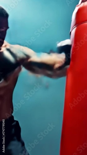 Wallpaper Mural A muscular young Caucasian man with short hair punches a red boxing bag in a gym. Smoke surrounds him, creating a dynamic training atmosphere. Torontodigital.ca