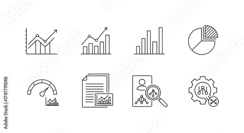 Business growth data analysis icons set bar chart pie chart magnifying glass gear vector