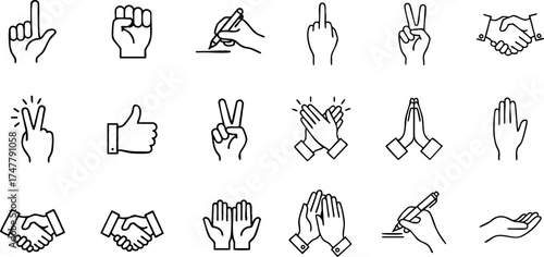 Universal Human Hand Gesture Line Icons Pack for Digital Communication and Interaction – Featuring Diverse Outline Symbols for Expressive Design and User Interface Elements